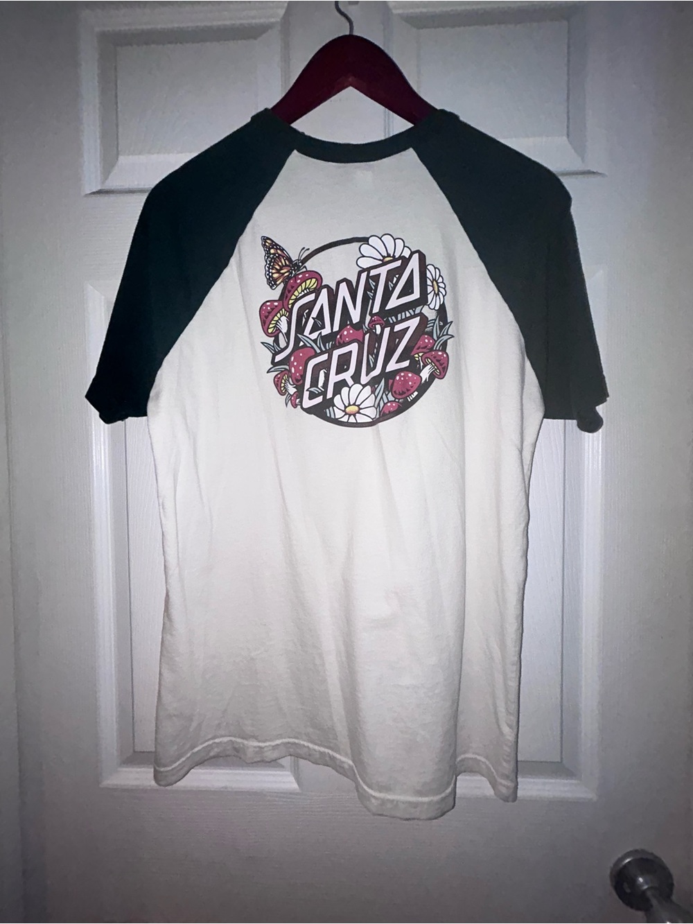 Santa Cruz Skateboards Ivory Tee with Forest Green Raglan Sleeves